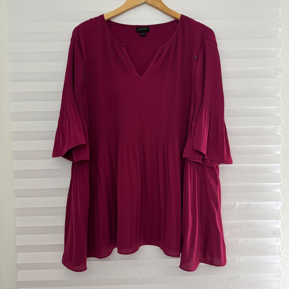 J. Jill Wearever Pink Pleated V-Neck Tunic Blouse Bell Sleeve 2X Berry‎